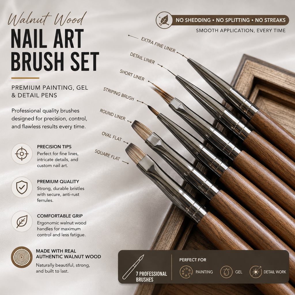 Walnut Wood Nail Art Brush Set | Premium Painting, Gel & Detail Pens