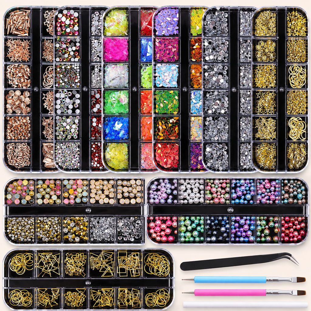 Professional 3D Nail Charm Assortment Set | Flat-Back Glass Diamonds & Gem Placement Kit
