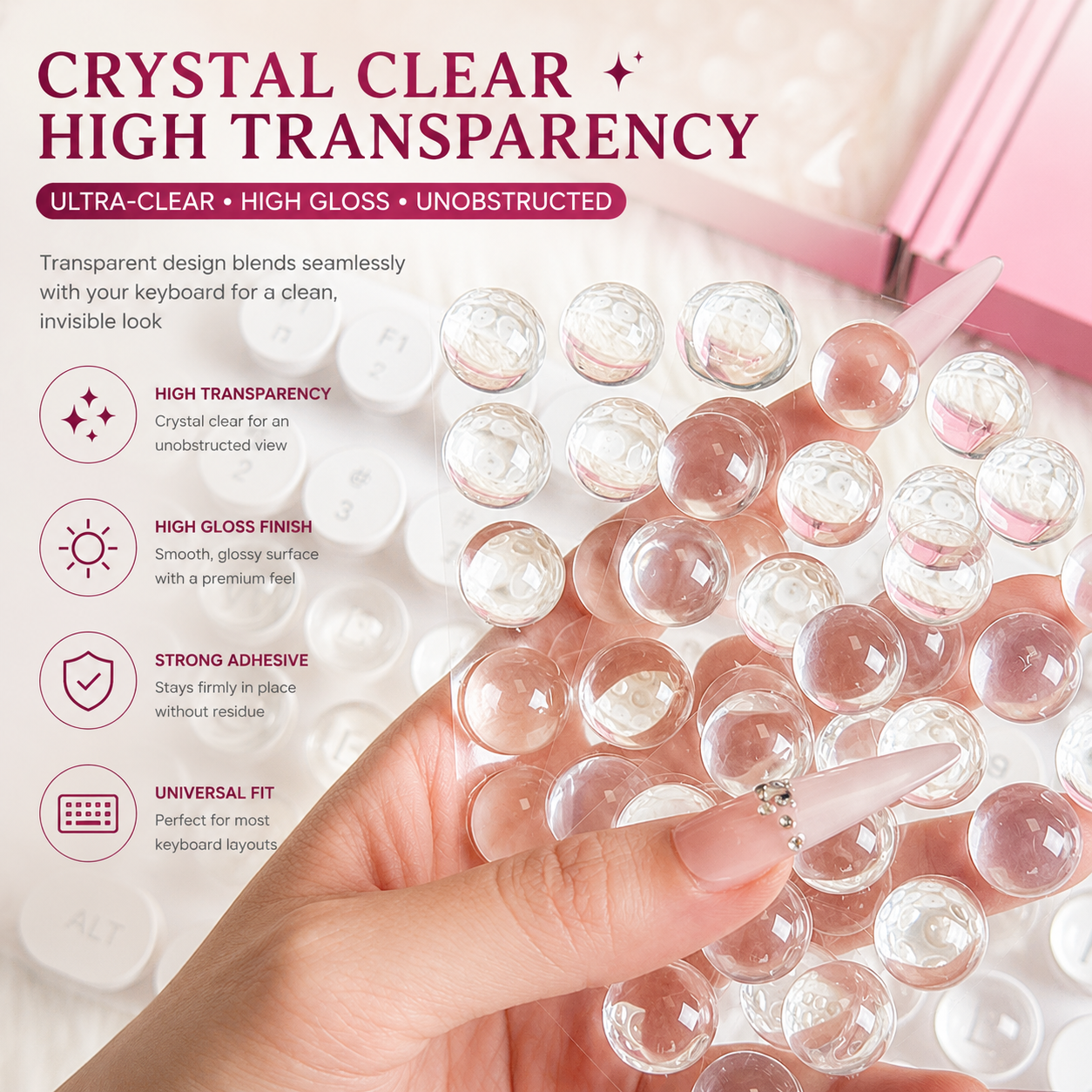 Transparent Raised Keyboard Keycap Stickers | Long Nail Typing & Gaming Prep Solution