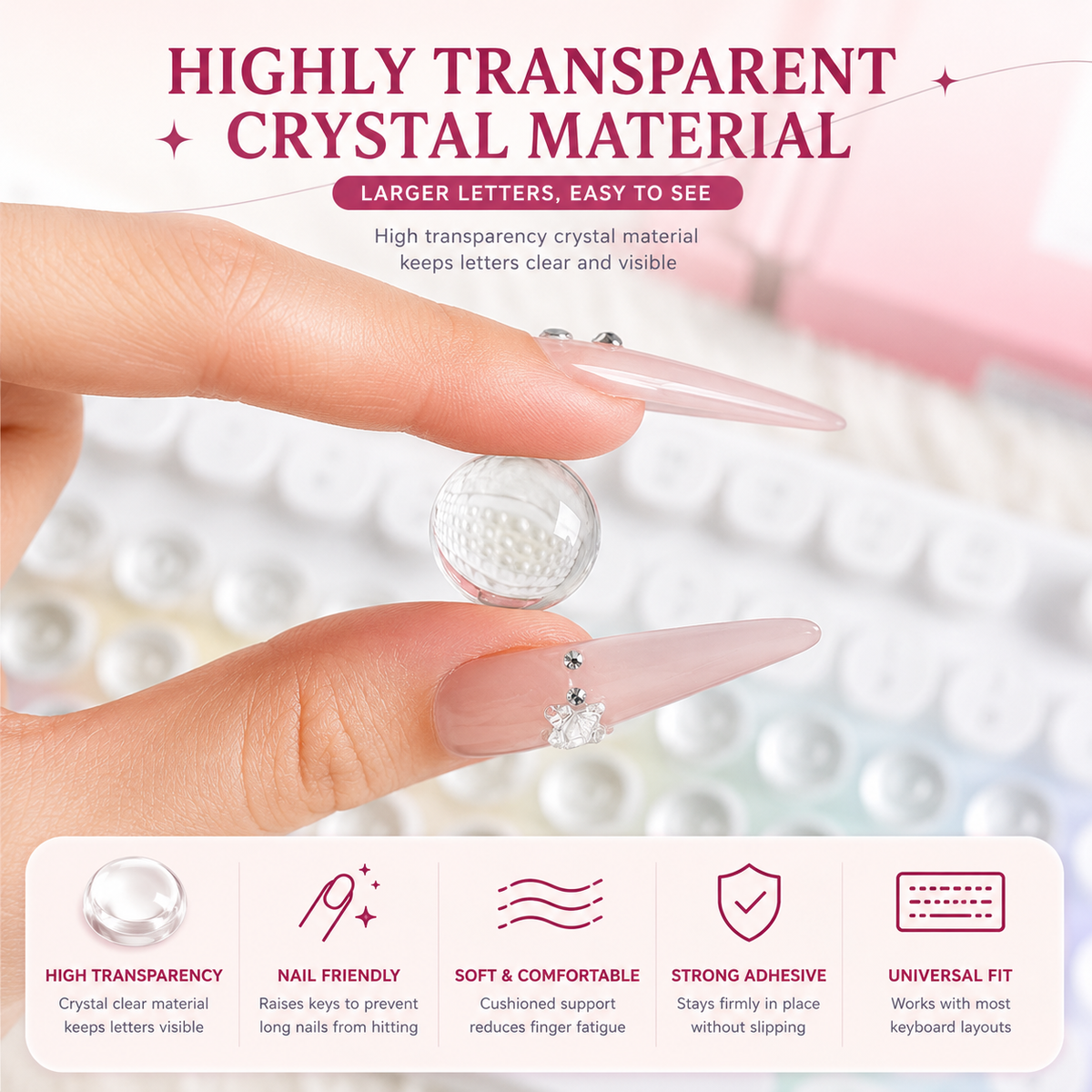 Transparent Raised Keyboard Keycap Stickers | Long Nail Typing & Gaming Prep Solution