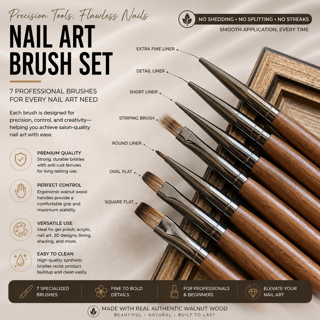 Walnut Wood Nail Art Brush Set | Premium Painting, Gel & Detail Pens