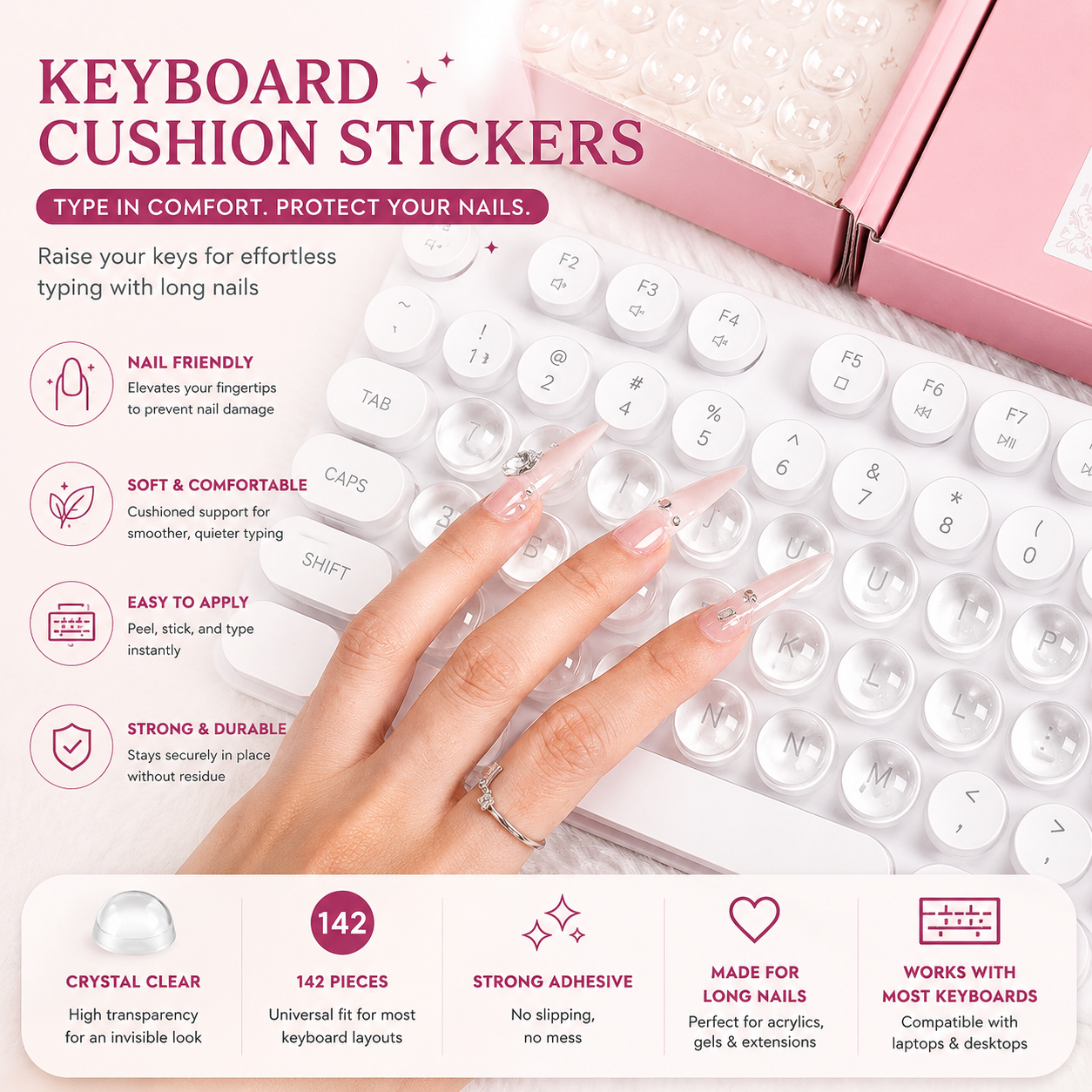 Transparent Raised Keyboard Keycap Stickers | Long Nail Typing & Gaming Prep Solution