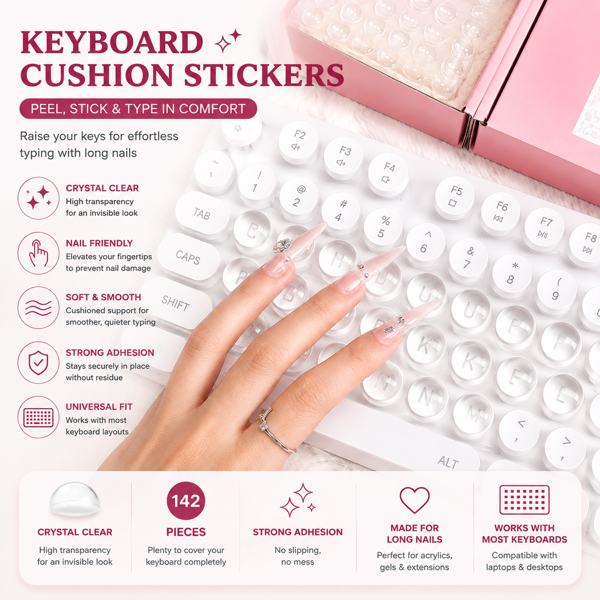 Transparent Raised Keyboard Keycap Stickers | Long Nail Typing & Gaming Prep Solution