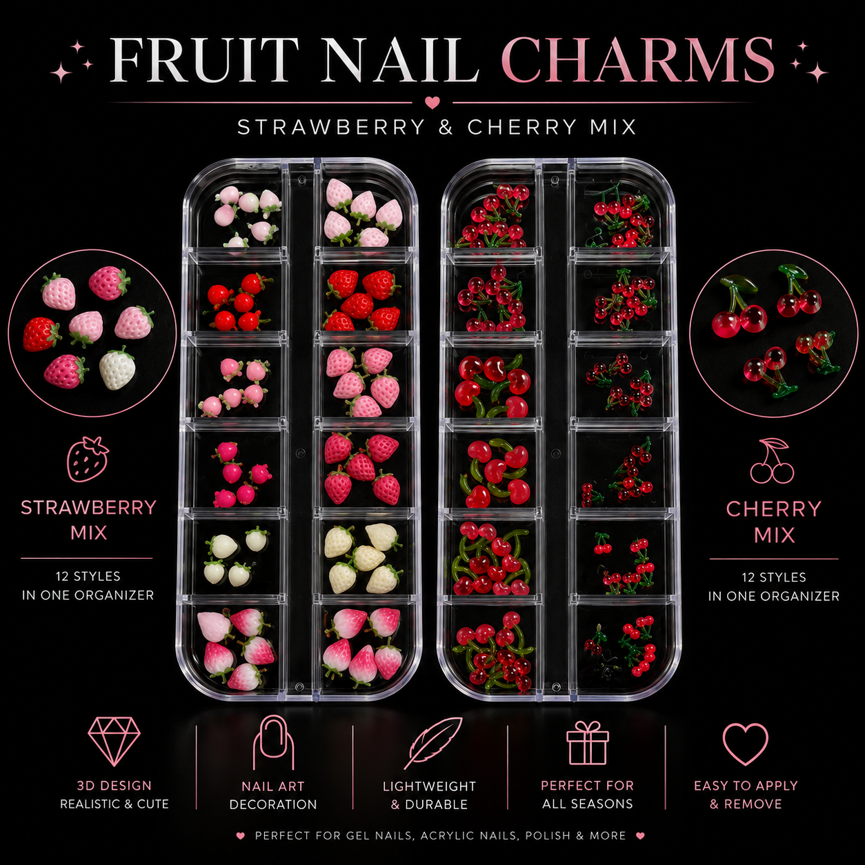 3D Fruit Nail Art Accessory Set | Cherry & Strawberry Wearable Nail Charms