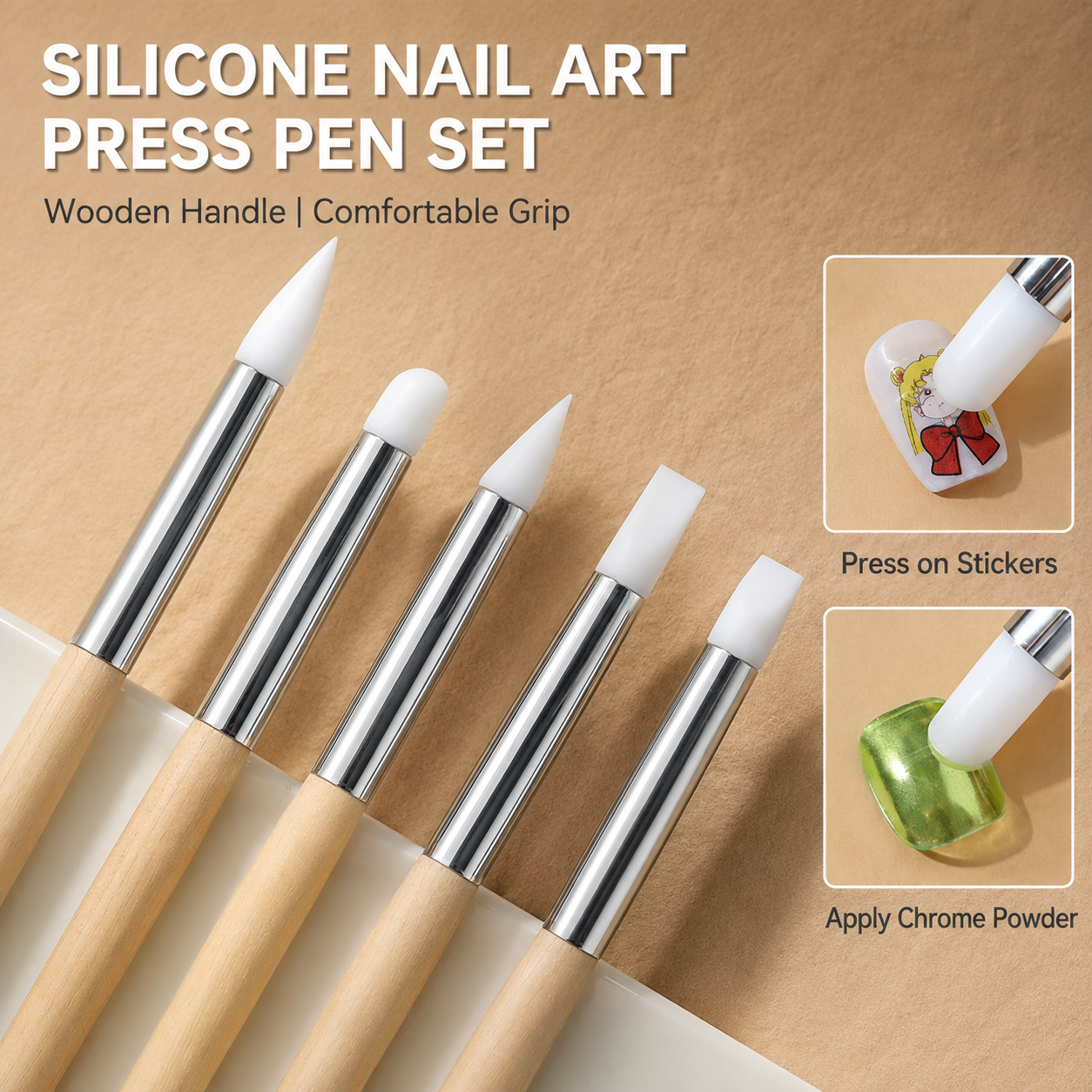 Silicone Nail Art Pen Set | Wooden Handle, 5 Tip Styles