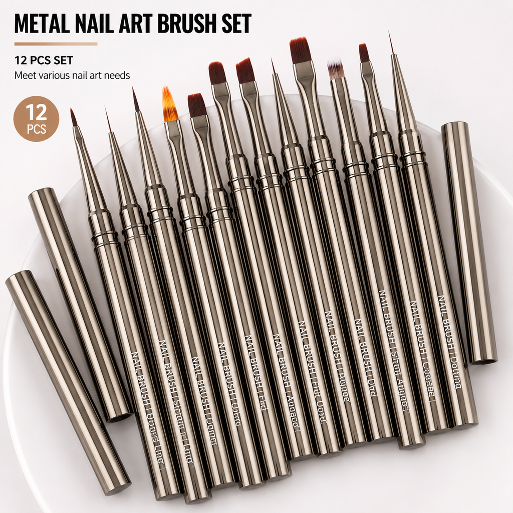 Professional Metal Handle Nail Art Brush Collection | Precision Liner, Detailing & Gel Shader Brushes