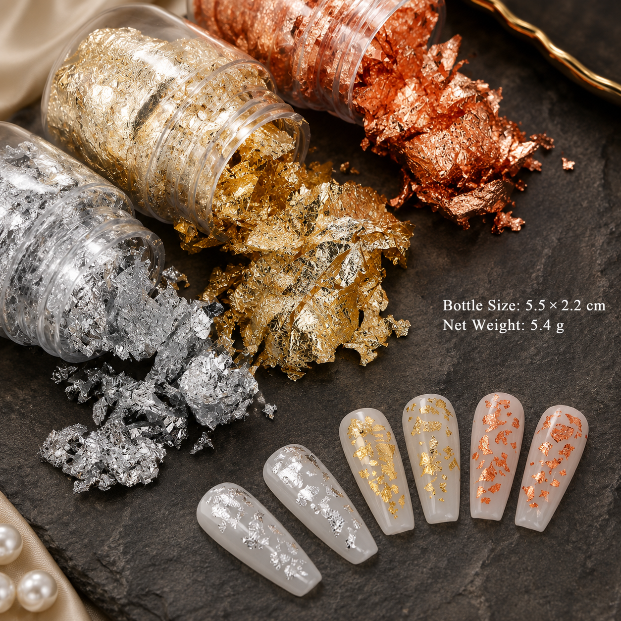 Elements Metallic Nail Foil Flakes | Gold, Silver & Rose Gold