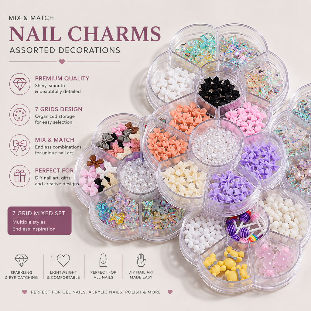 7-Grid Nail Art Charm Box | Aurora, Bows, Bears, Rhinestones & More