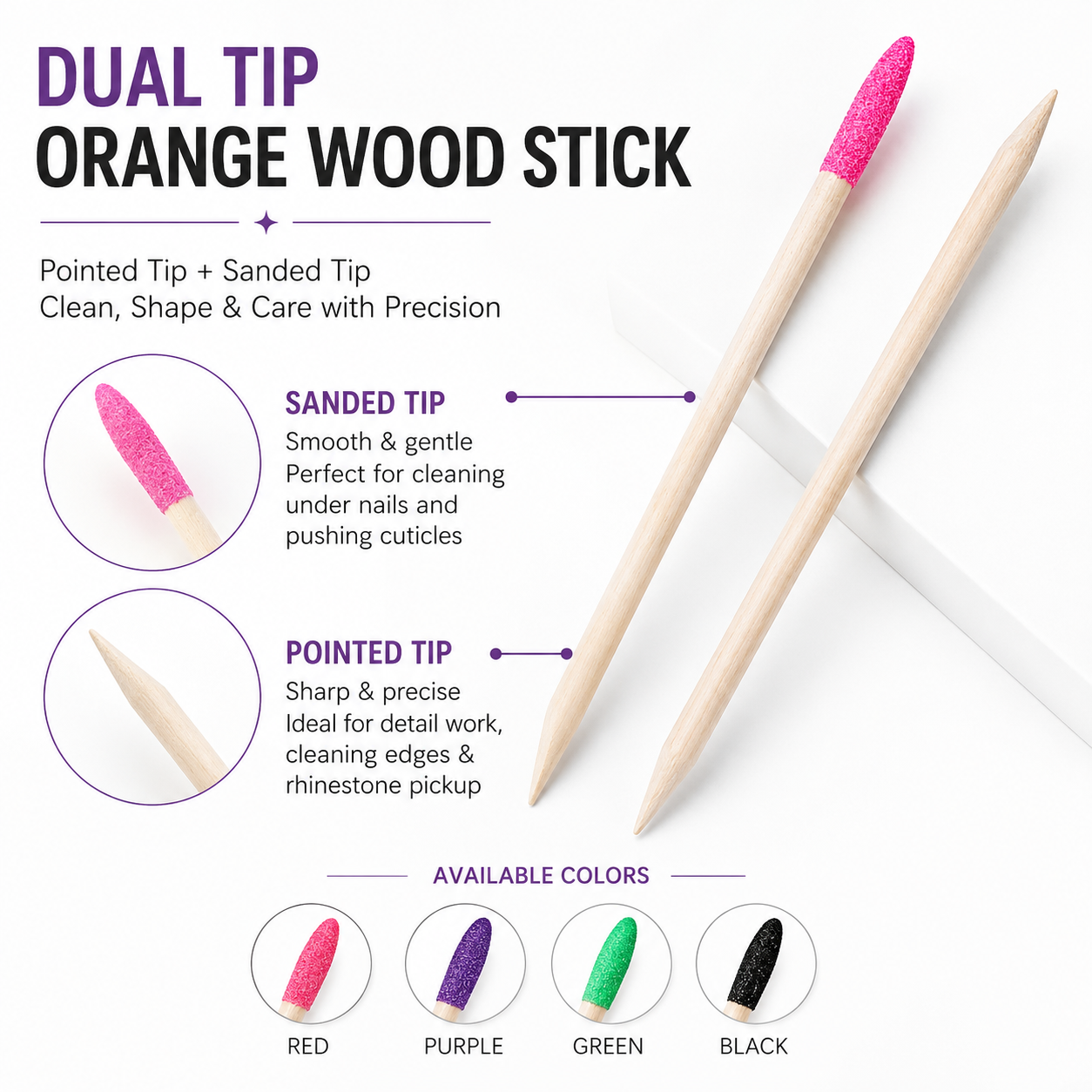 Dual-Ended Orange Wood Nail Sticks | Professional Cuticle Pusher & Fine Detail Sanding Tool