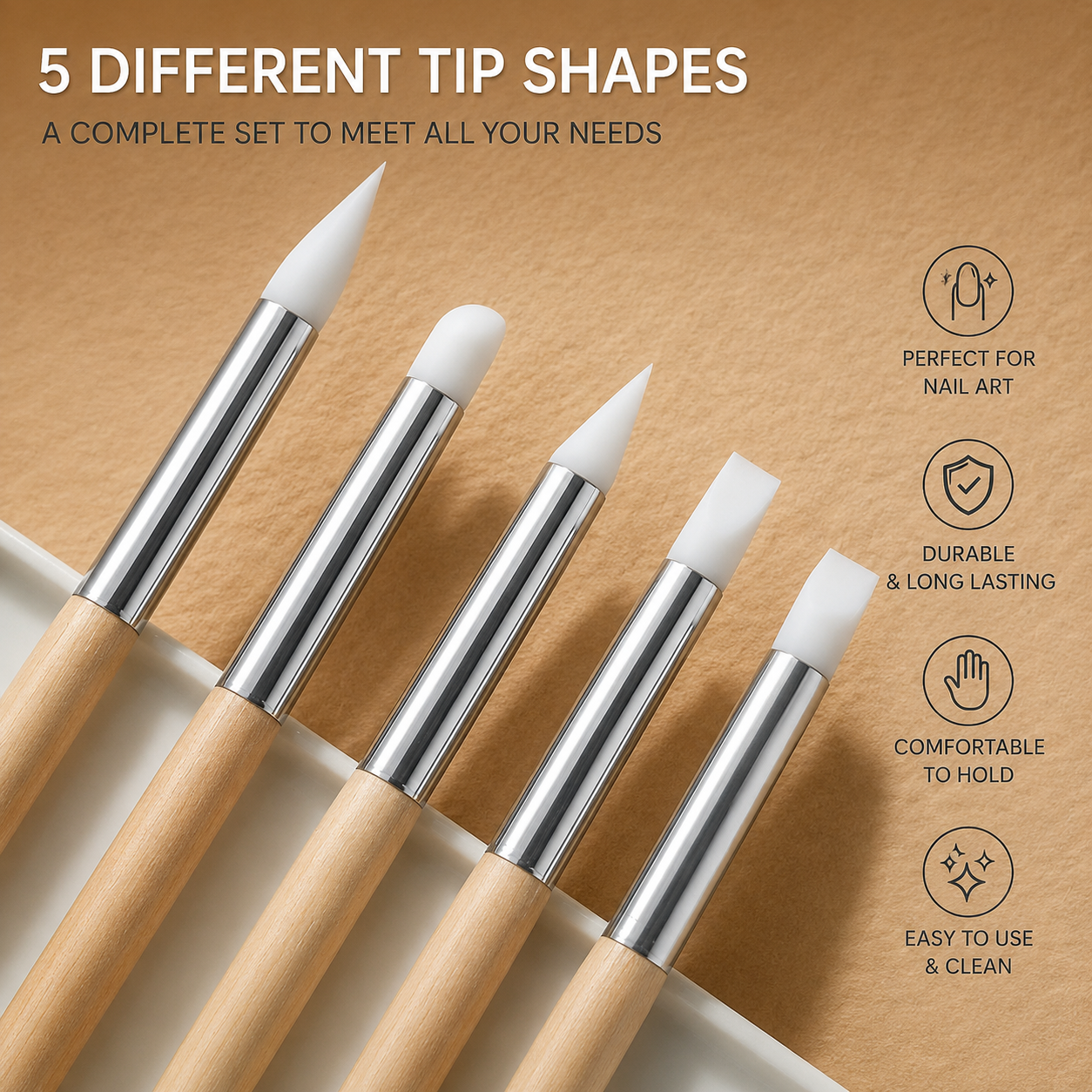 Silicone Nail Art Pen Set | Wooden Handle, 5 Tip Styles