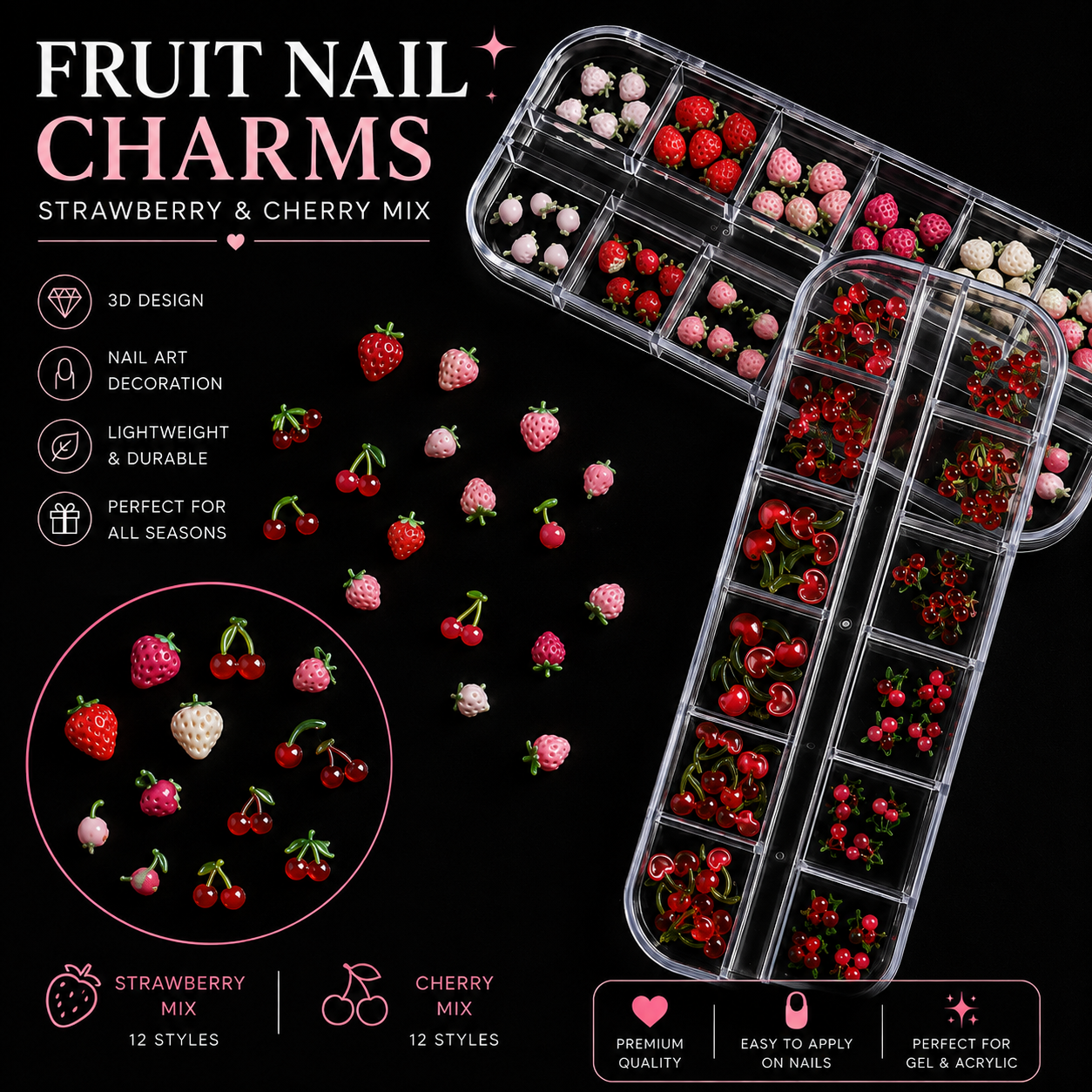 3D Fruit Nail Art Accessory Set | Cherry & Strawberry Wearable Nail Charms