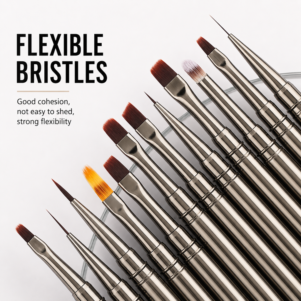 Professional Metal Handle Nail Art Brush Collection | Precision Liner, Detailing & Gel Shader Brushes
