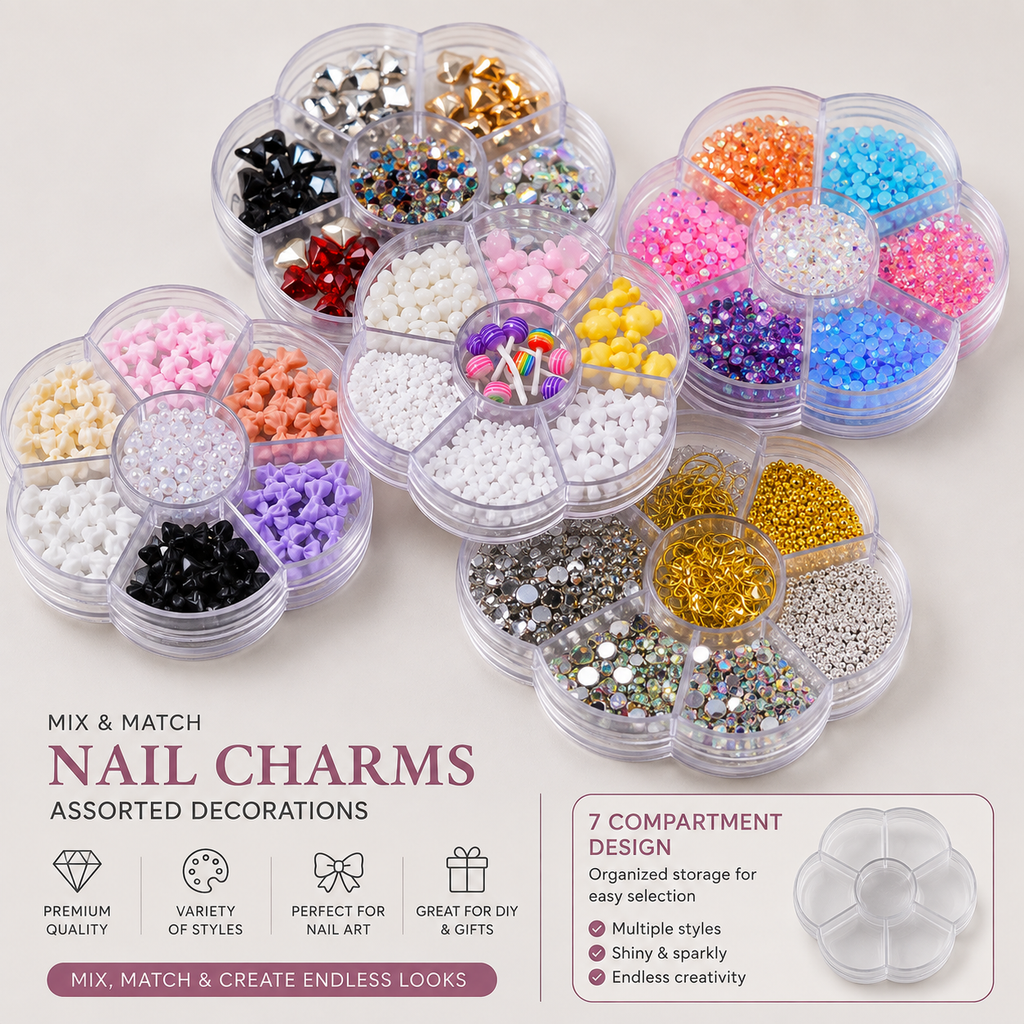7-Grid Nail Art Charm Box | Aurora, Bows, Bears, Rhinestones & More