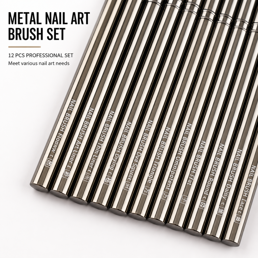 Professional Metal Handle Nail Art Brush Collection | Precision Liner, Detailing & Gel Shader Brushes