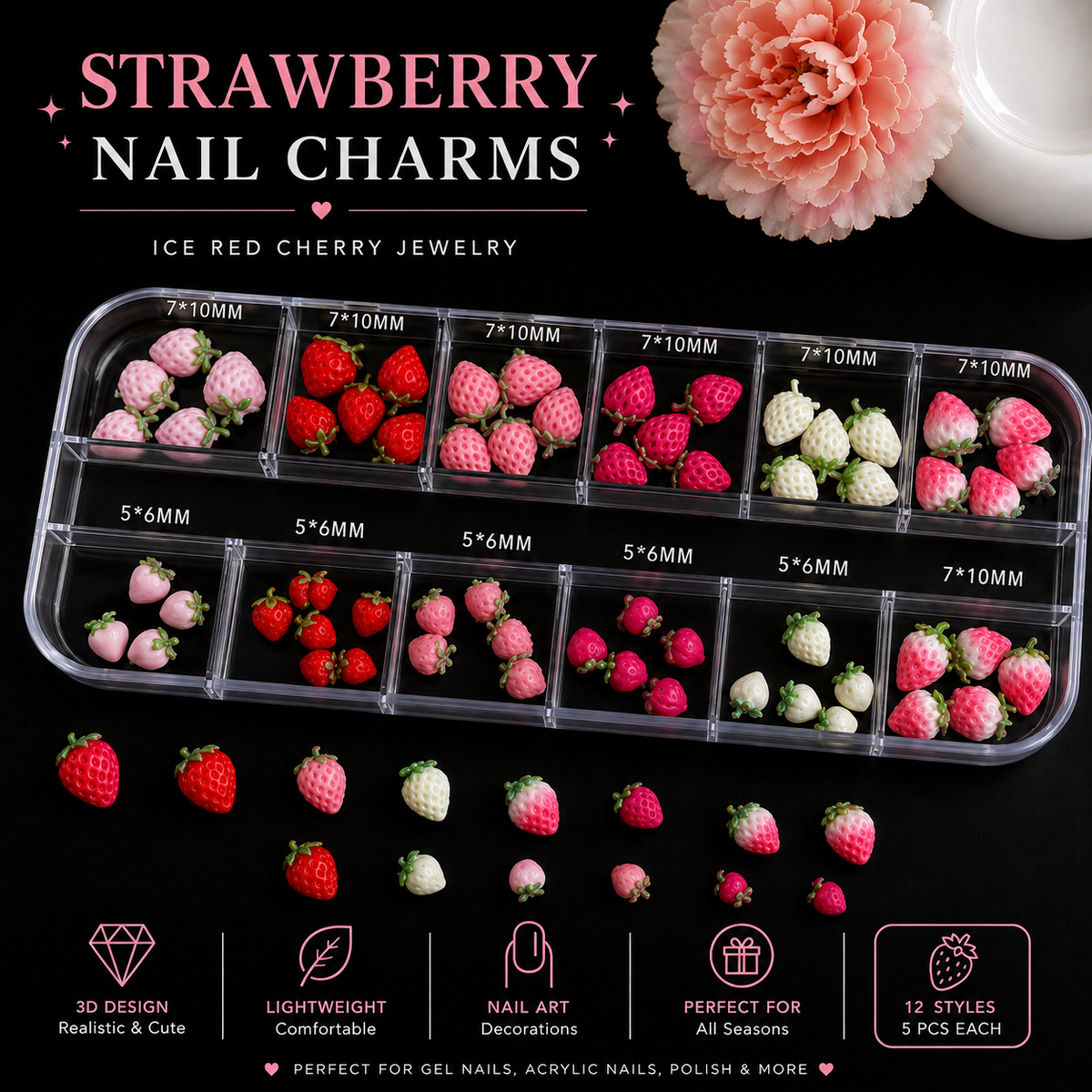 3D Fruit Nail Art Accessory Set | Cherry & Strawberry Wearable Nail Charms