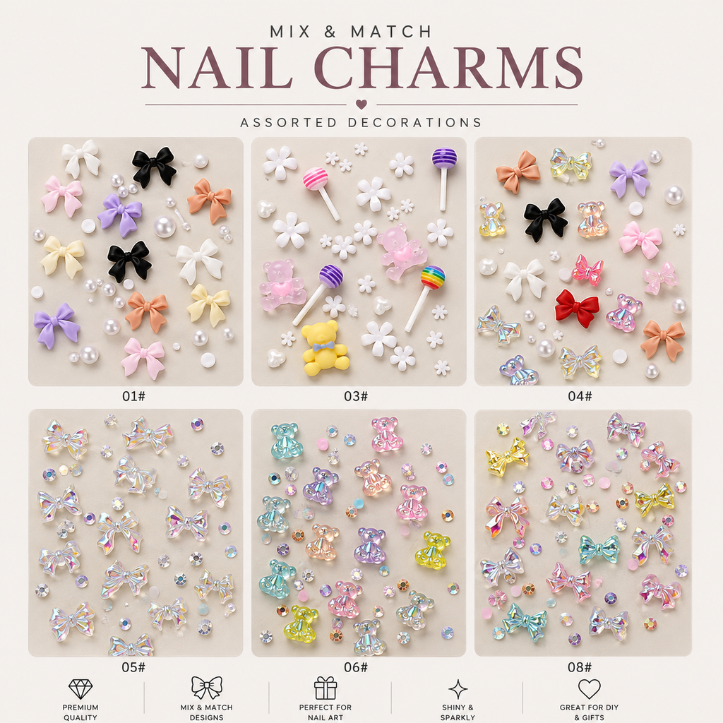 7-Grid Nail Art Charm Box | Aurora, Bows, Bears, Rhinestones & More