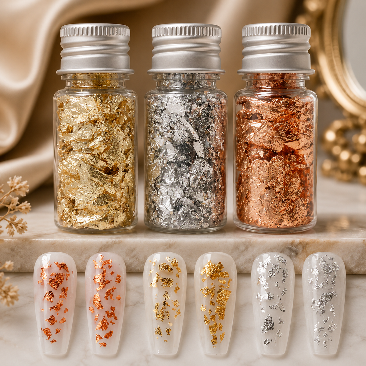 Elements Metallic Nail Foil Flakes | Gold, Silver & Rose Gold