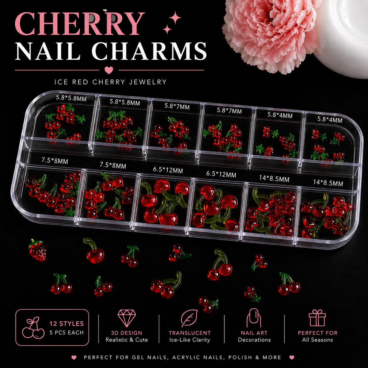 3D Fruit Nail Art Accessory Set | Cherry & Strawberry Wearable Nail Charms