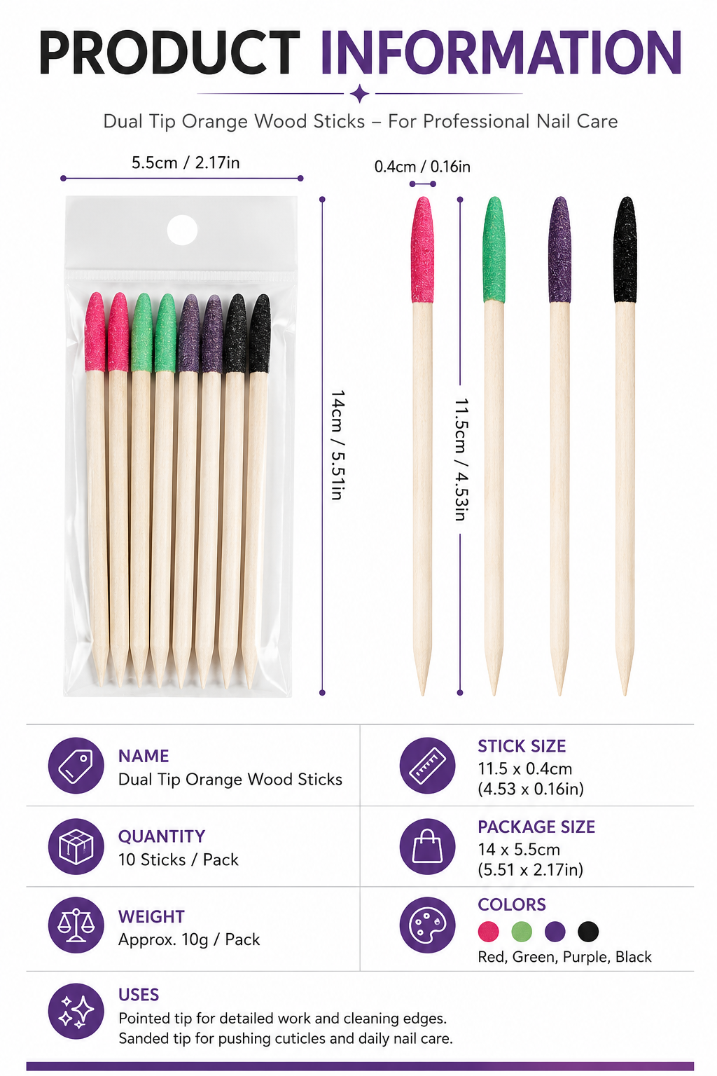 Dual-Ended Orange Wood Nail Sticks | Professional Cuticle Pusher & Fine Detail Sanding Tool