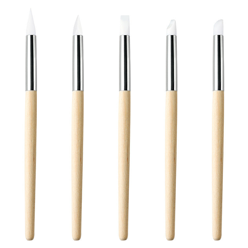 Silicone Nail Art Pen Set | Wooden Handle, 5 Tip Styles
