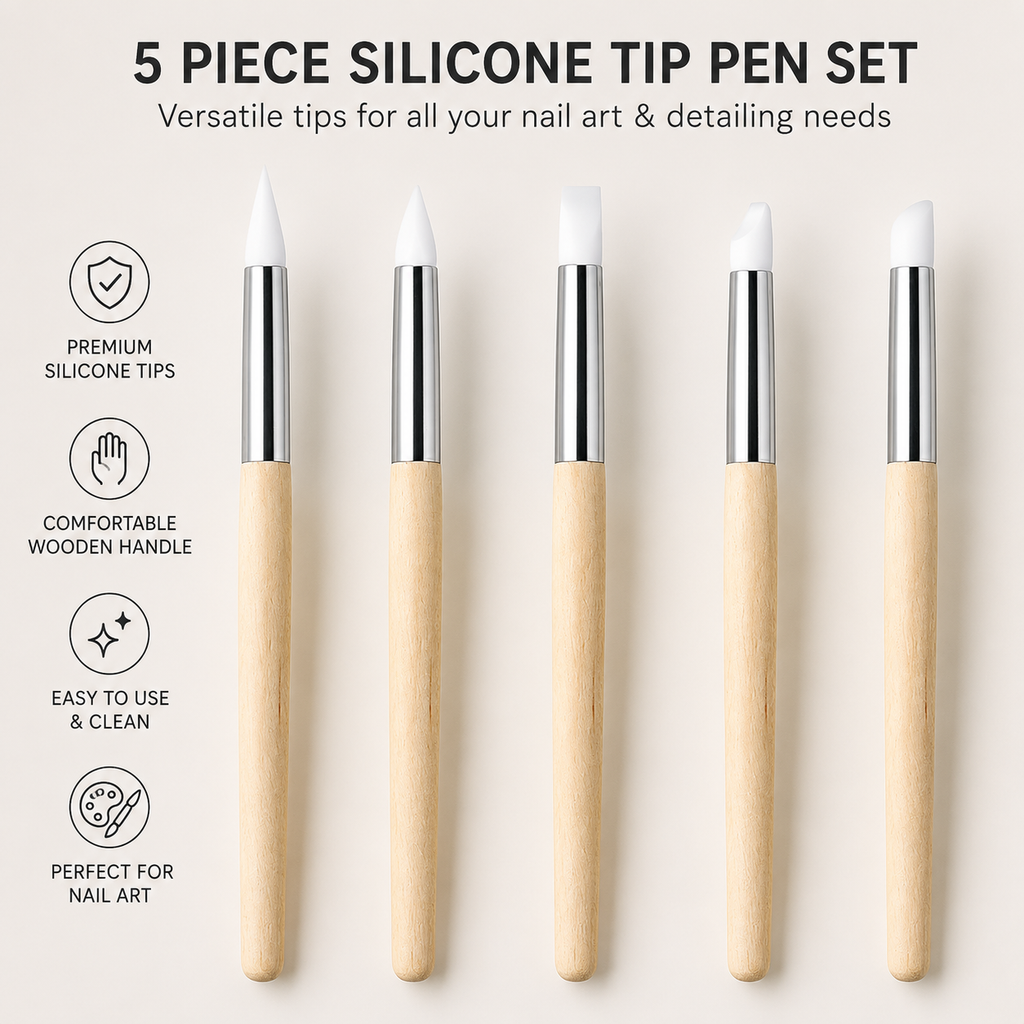 Silicone Nail Art Pen Set | Wooden Handle, 5 Tip Styles