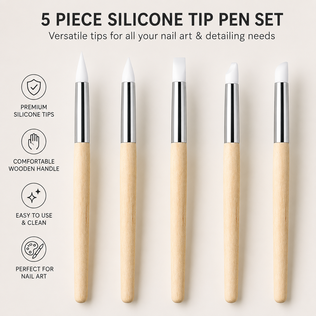 Silicone Nail Art Pen Set | Wooden Handle, 5 Tip Styles