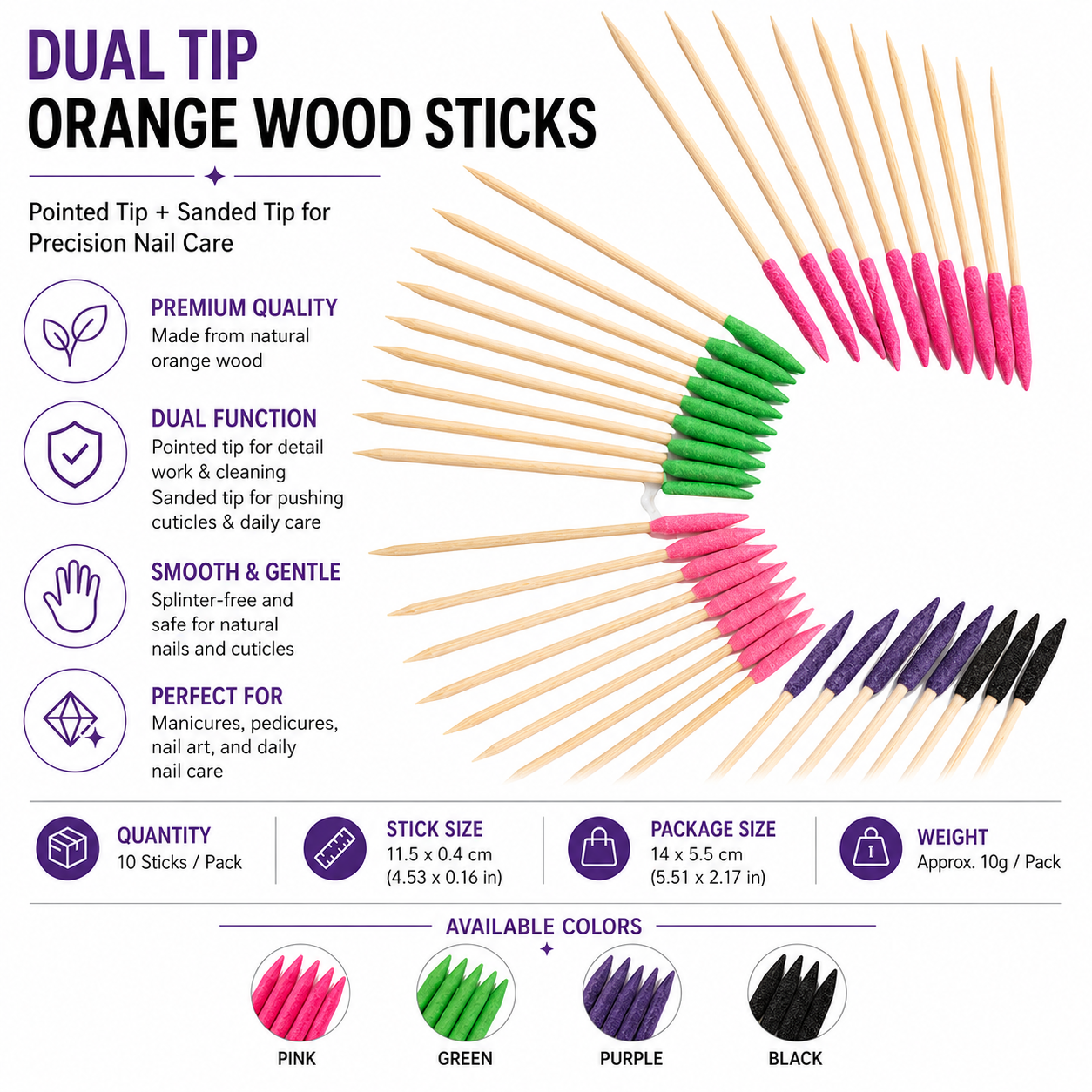Dual-Ended Orange Wood Nail Sticks | Professional Cuticle Pusher & Fine Detail Sanding Tool