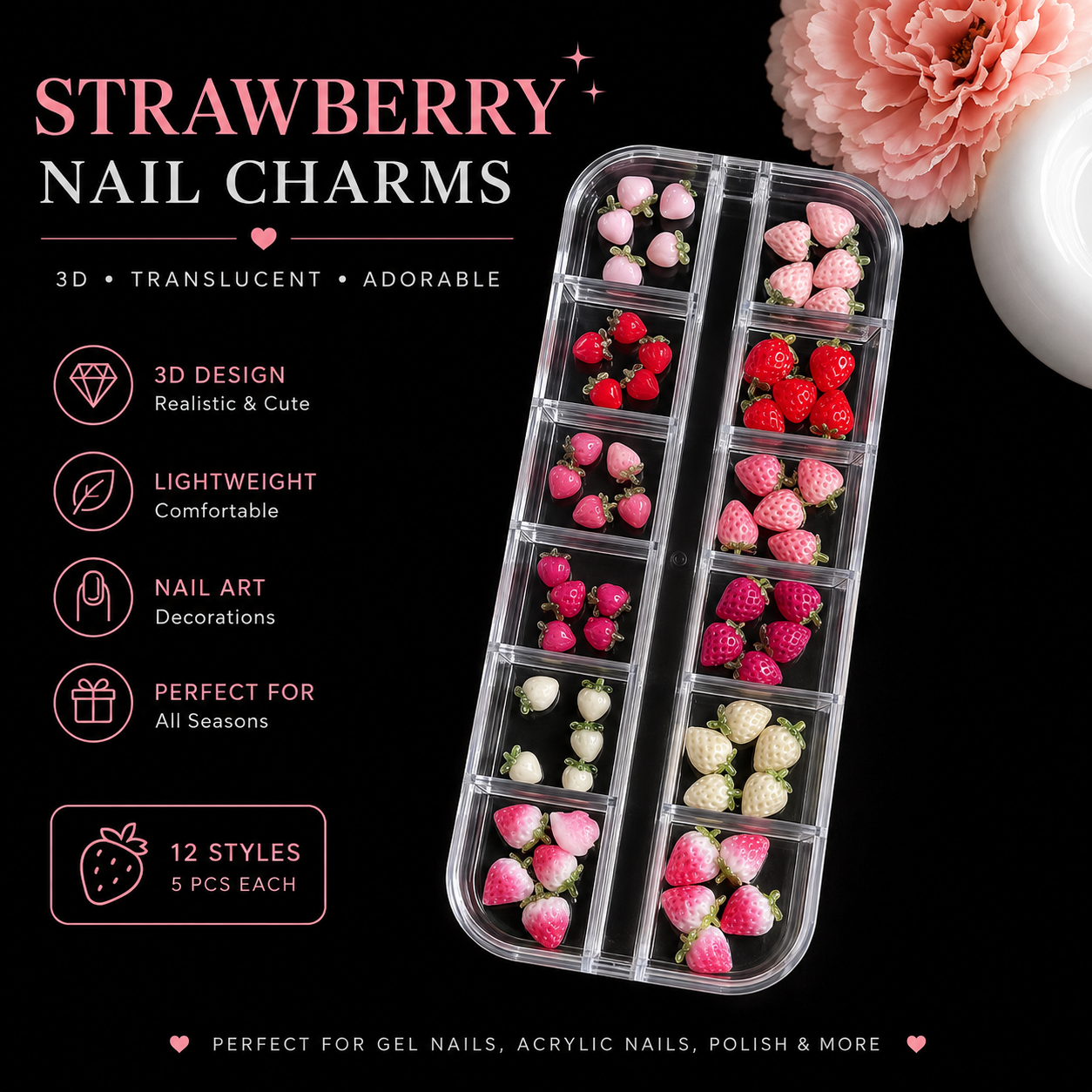 3D Fruit Nail Art Accessory Set | Cherry & Strawberry Wearable Nail Charms