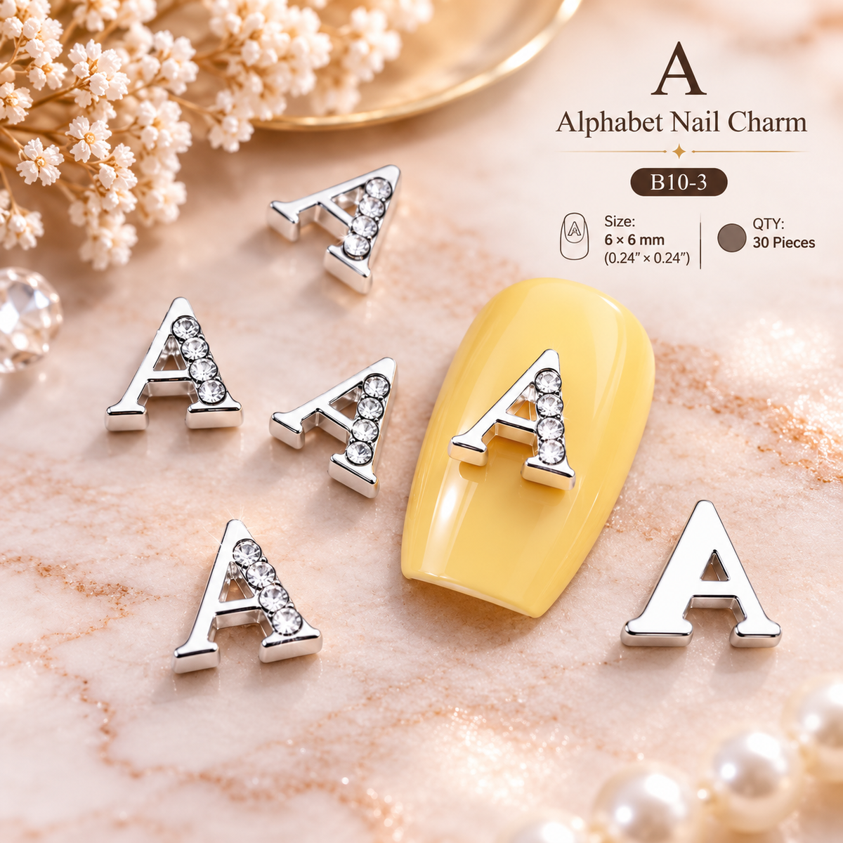 Alphabet Letter Nail Charms | A–Z Alloy Diamond-Encrusted Set