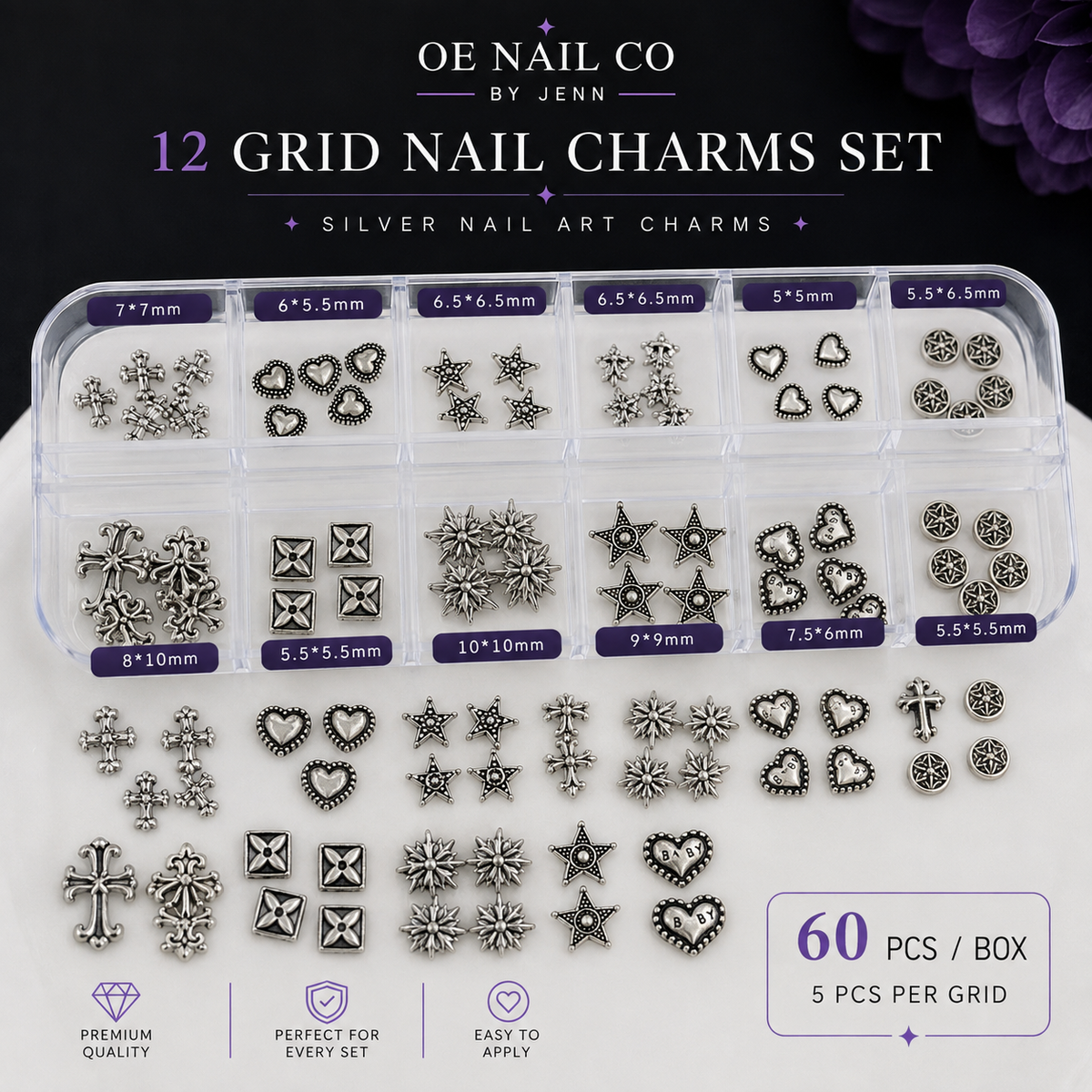Punk Metal Rivet Nail Charms | 12-Compartment Set