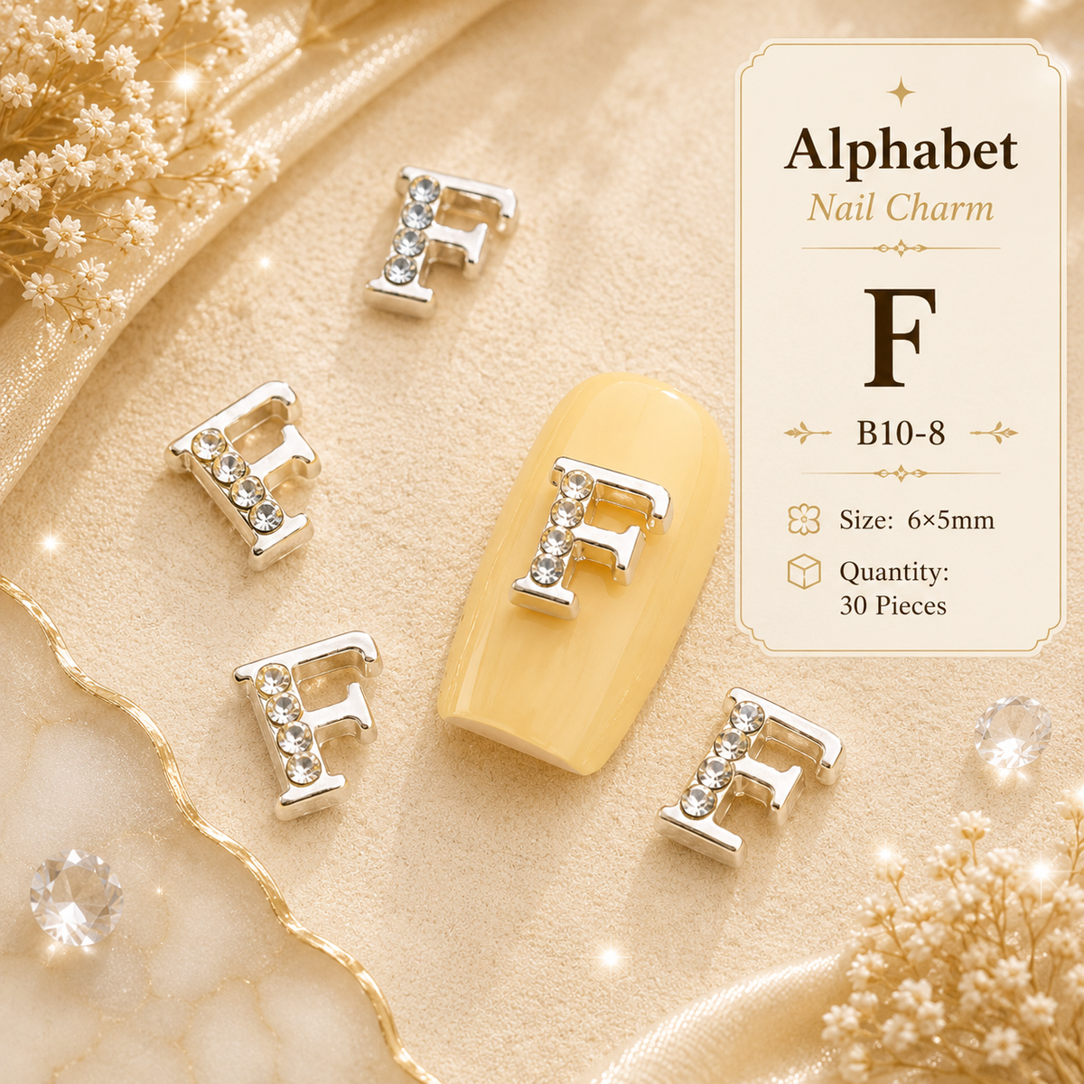 Alphabet Letter Nail Charms | A–Z Alloy Diamond-Encrusted Set