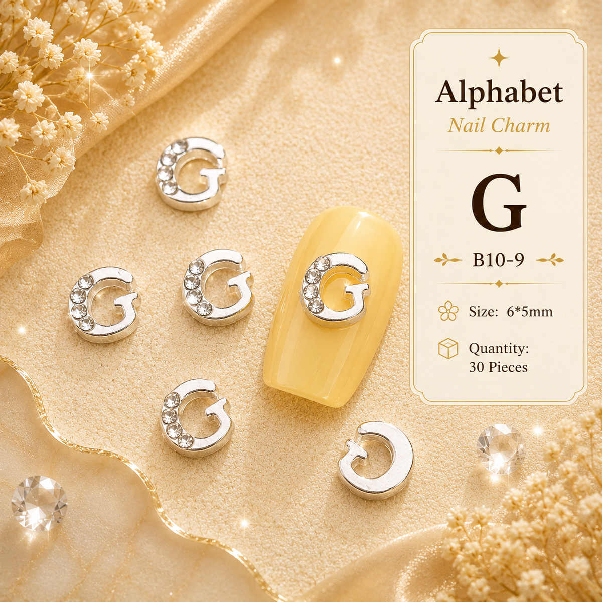 Alphabet Letter Nail Charms | A–Z Alloy Diamond-Encrusted Set
