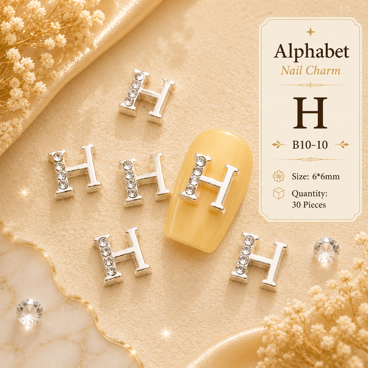 Alphabet Letter Nail Charms | A–Z Alloy Diamond-Encrusted Set