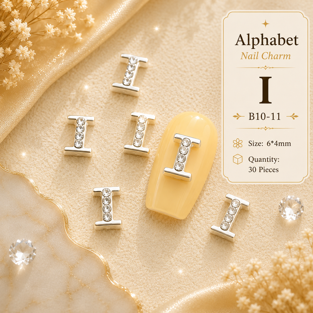 Alphabet Letter Nail Charms | A–Z Alloy Diamond-Encrusted Set