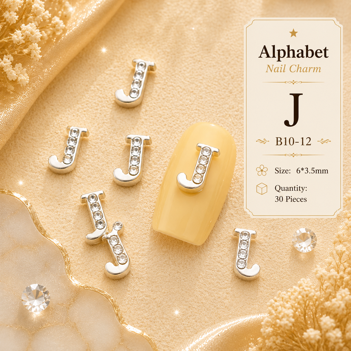 Alphabet Letter Nail Charms | A–Z Alloy Diamond-Encrusted Set