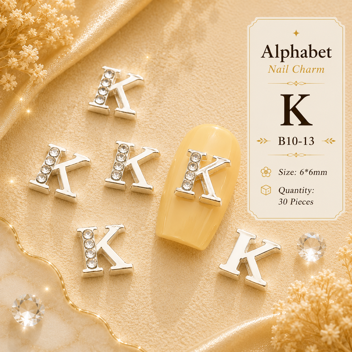 Alphabet Letter Nail Charms | A–Z Alloy Diamond-Encrusted Set