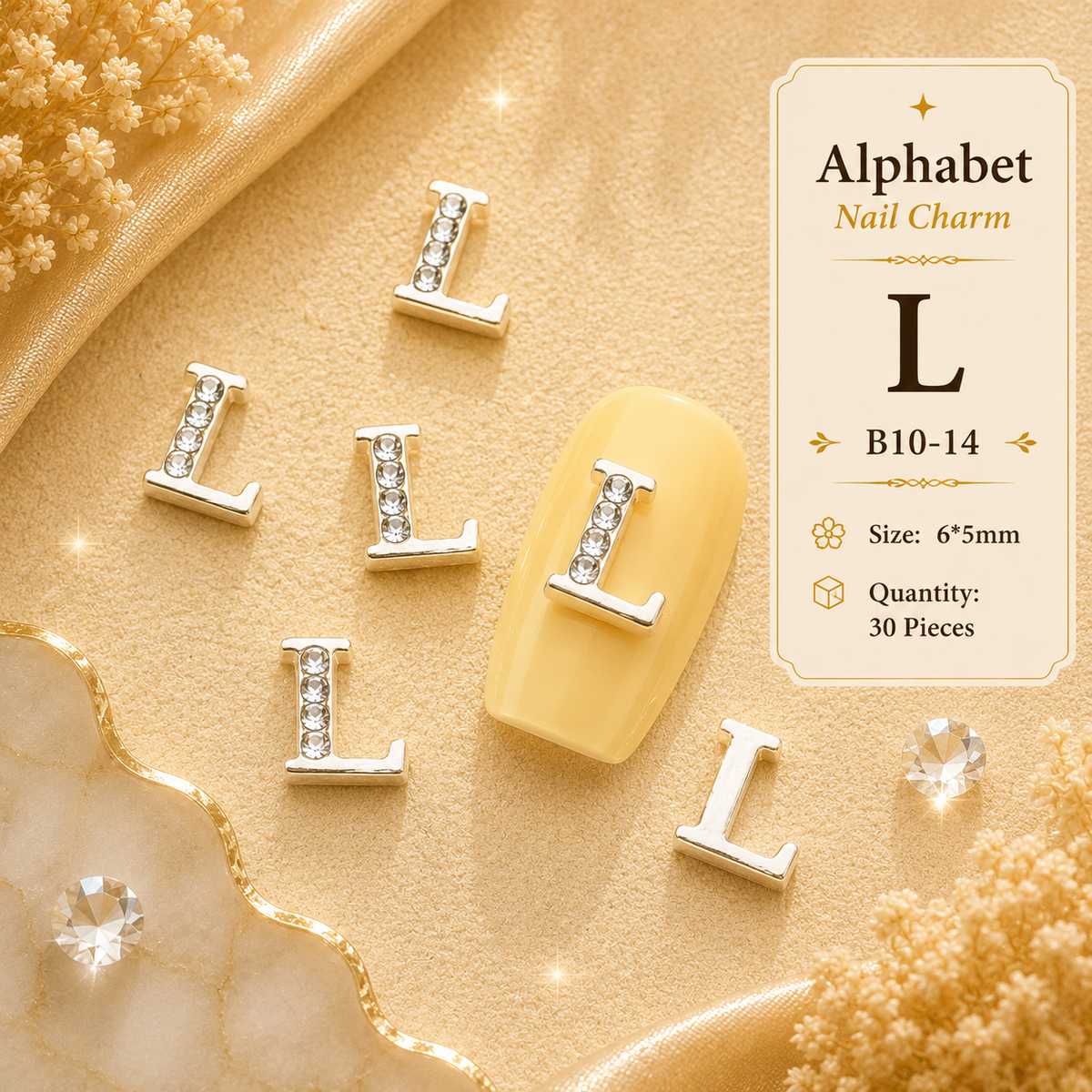 Alphabet Letter Nail Charms | A–Z Alloy Diamond-Encrusted Set