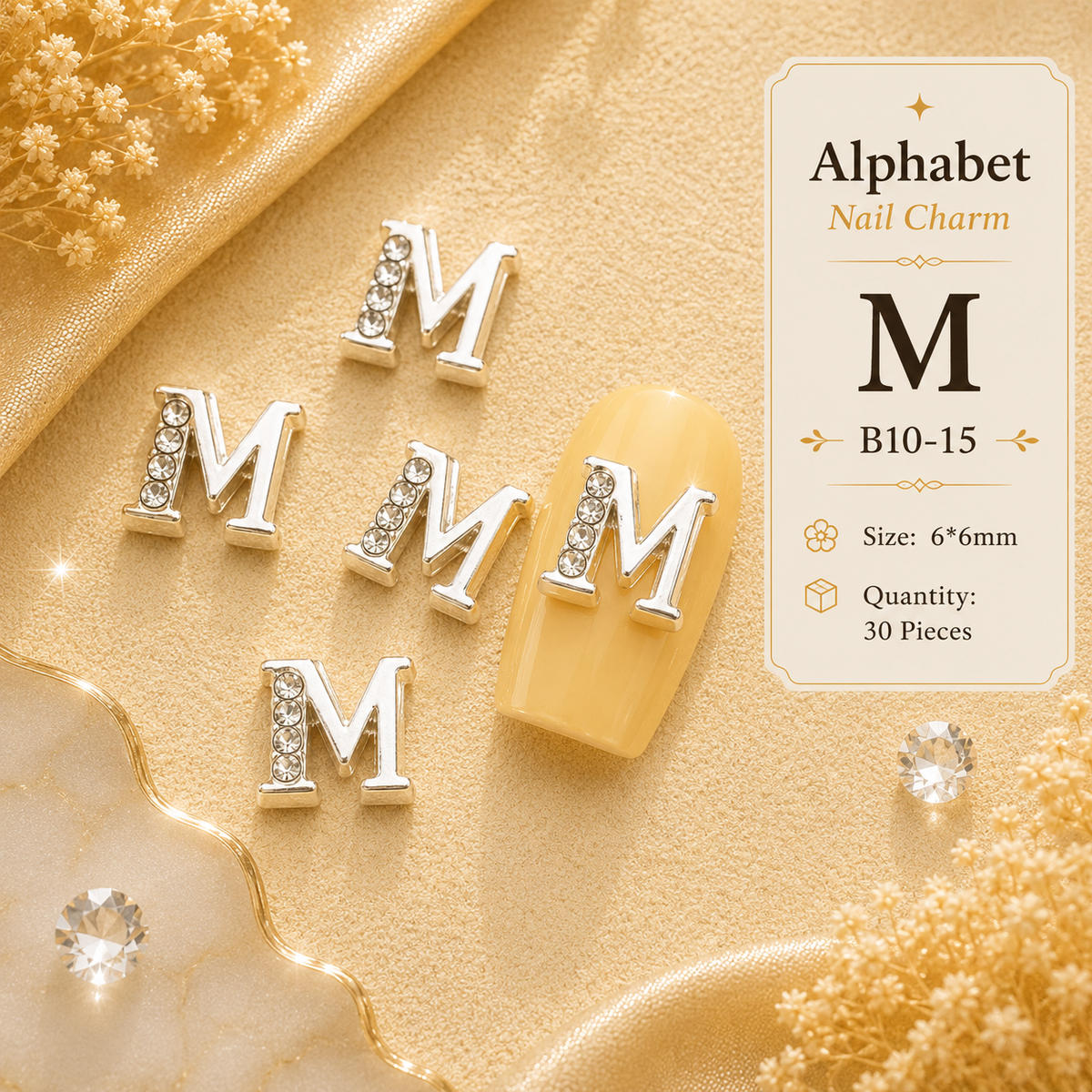 Alphabet Letter Nail Charms | A–Z Alloy Diamond-Encrusted Set