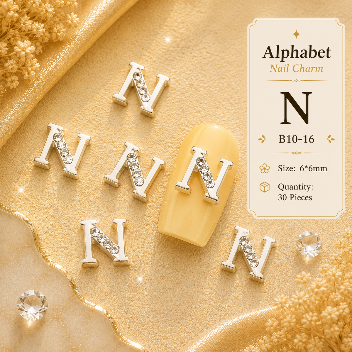 Alphabet Letter Nail Charms | A–Z Alloy Diamond-Encrusted Set