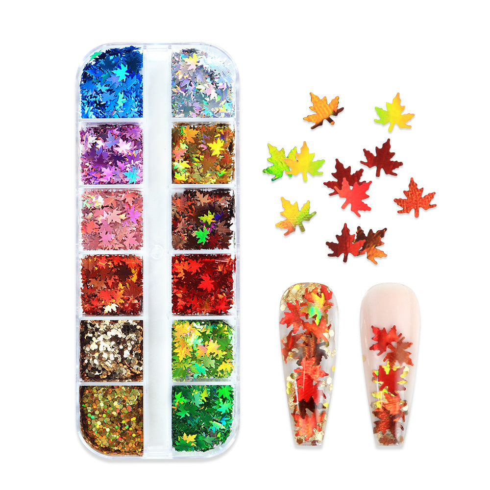 Maple Leaf Nail Sequins | 12-Grid Laser Glitter Set