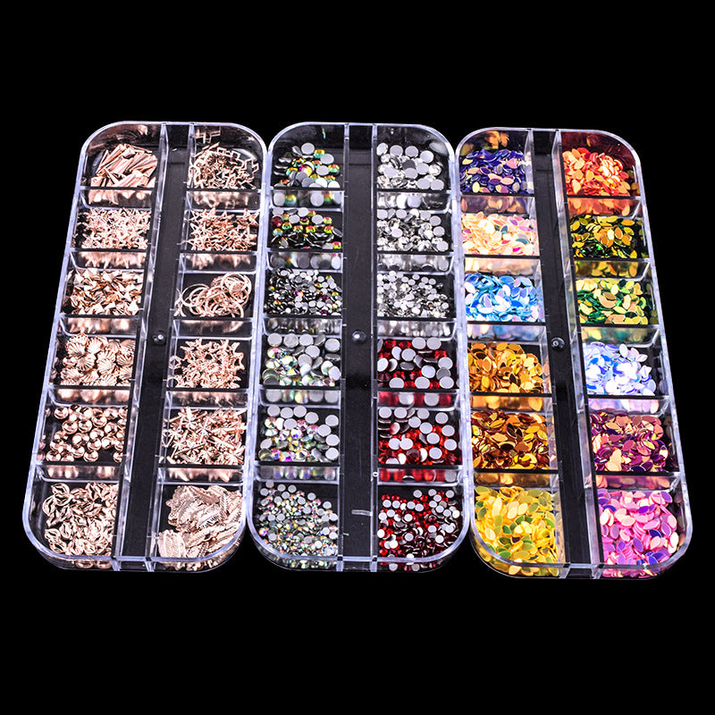 Cross-border 12-compartment boxed special-shaped diamond nail flat bottom glass diamond DIY nail and rhinestone jewelry Amazon set