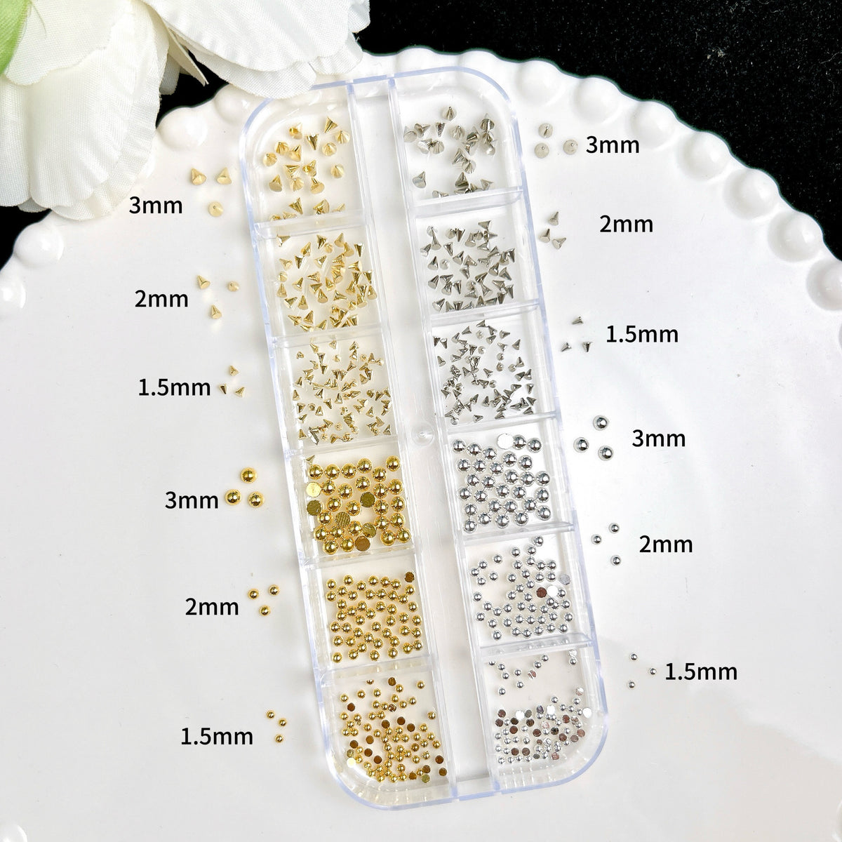Punk Y2K Nail Charm Set | Rivets, Steel Beads & Cone Studs | 12-Grid Box