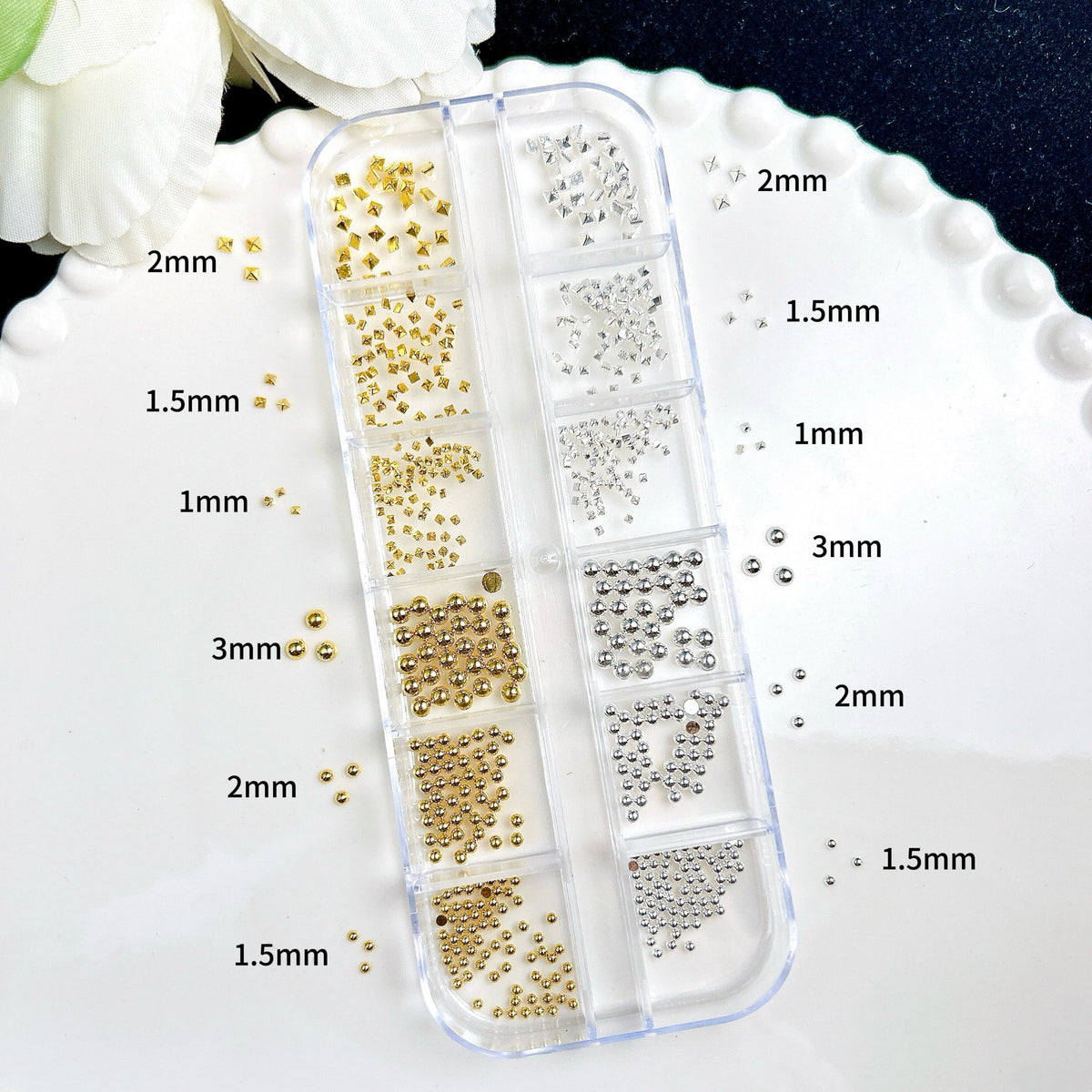 Punk Y2K Nail Charm Set | Rivets, Steel Beads & Cone Studs | 12-Grid Box