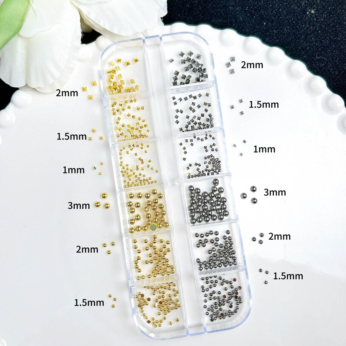 Punk Y2K Nail Charm Set | Rivets, Steel Beads & Cone Studs | 12-Grid Box