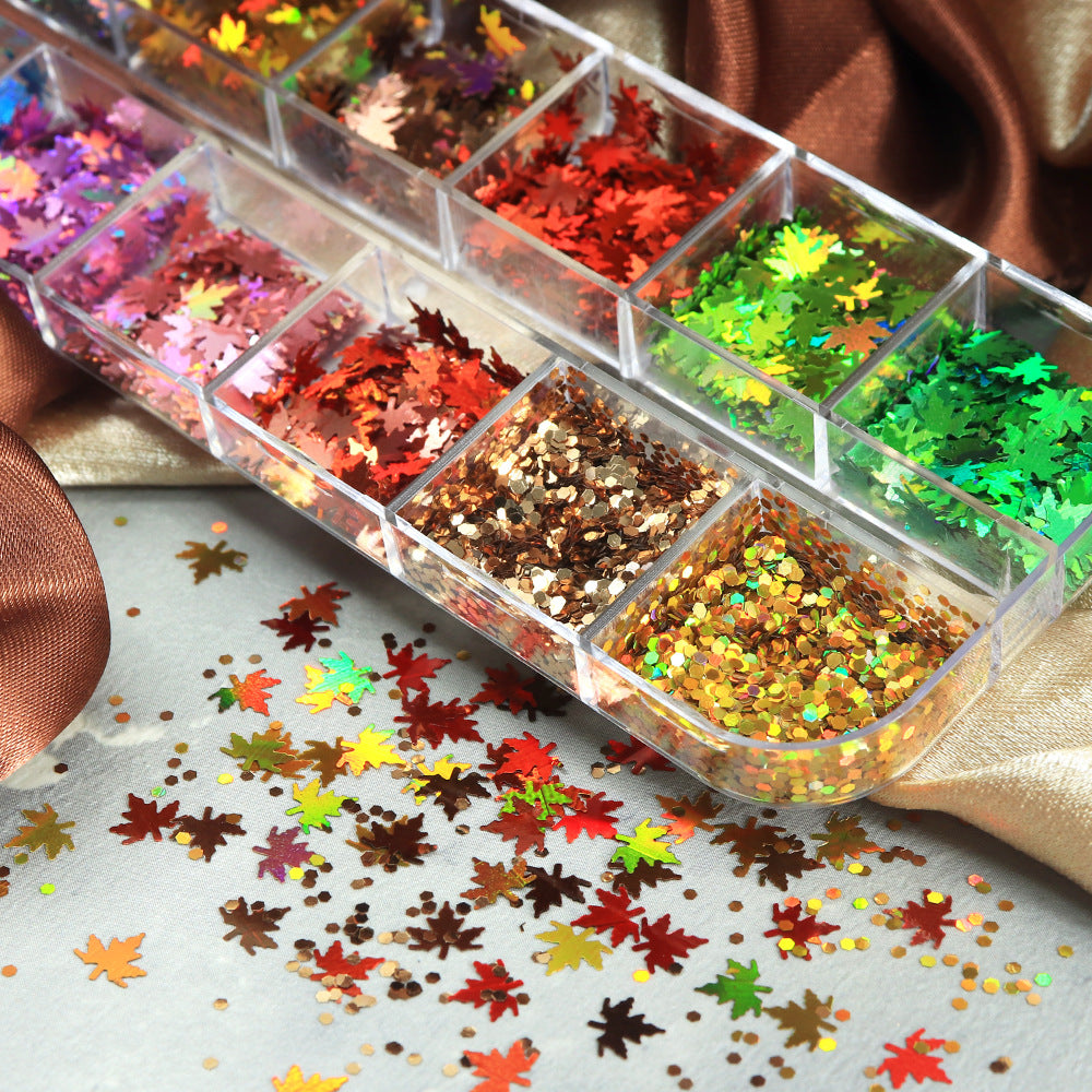 12-grid set of laser maple leaf nail sequins, Christmas colors, 6mm leaf nail decorations, wholesale Christmas sequins