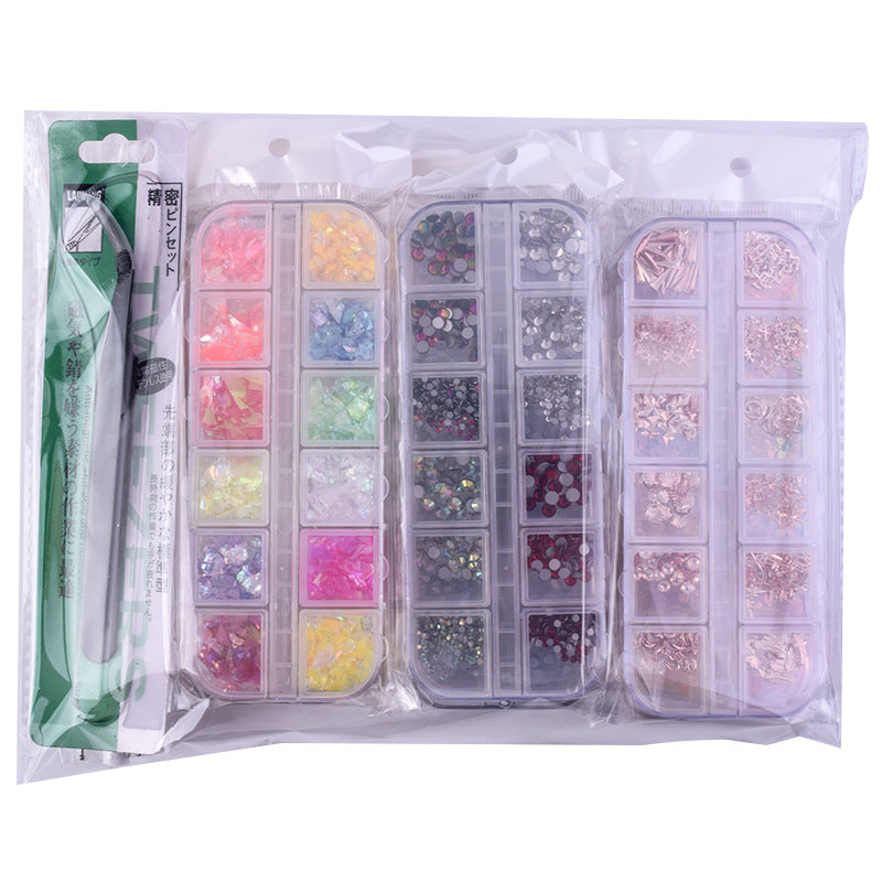 Cross-border 12-compartment boxed special-shaped diamond nail flat bottom glass diamond DIY nail and rhinestone jewelry Amazon set