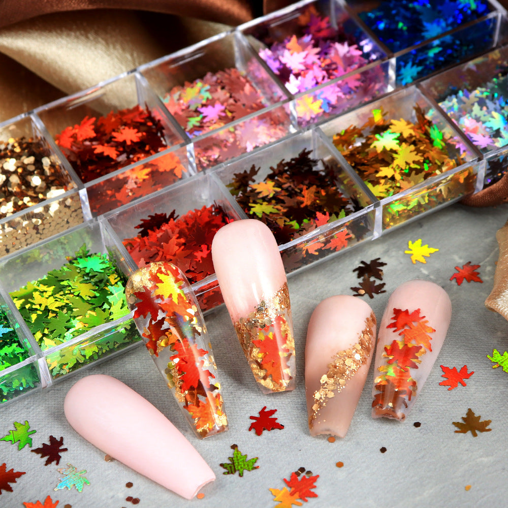 12-grid set of laser maple leaf nail sequins, Christmas colors, 6mm leaf nail decorations, wholesale Christmas sequins
