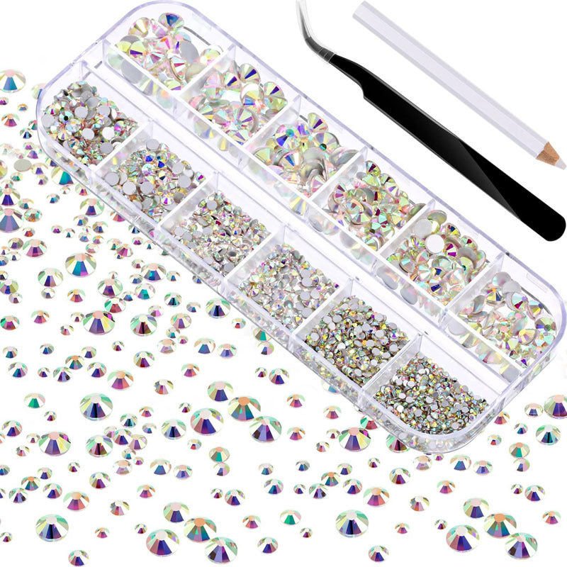 Crystal Glass Rhinestone Nail Kit | 12-Grid Flat-Back Diamond Set