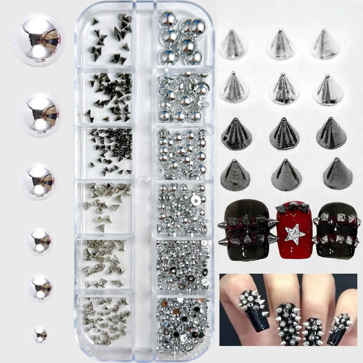 Punk Y2K Nail Charm Set | Rivets, Steel Beads & Cone Studs | 12-Grid Box