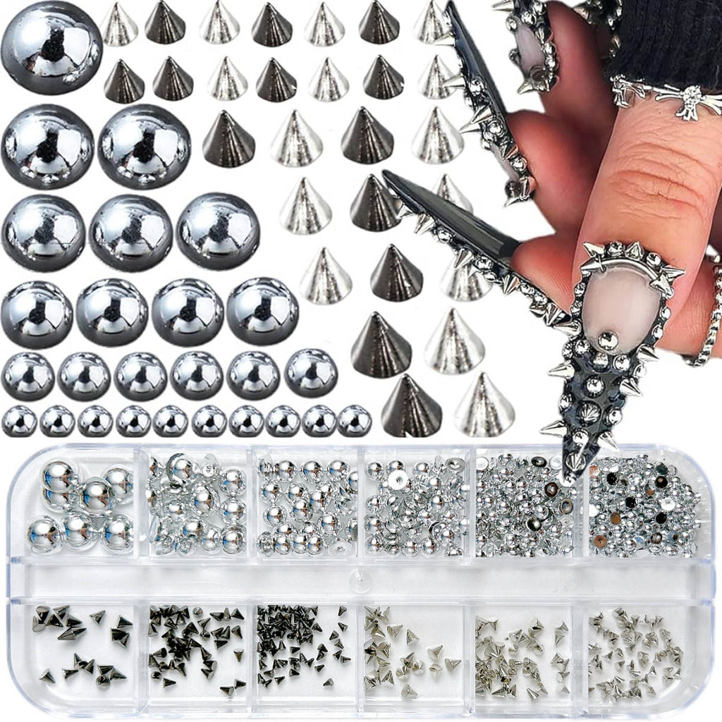 Punk Y2K Nail Charm Set | Rivets, Steel Beads & Cone Studs | 12-Grid Box